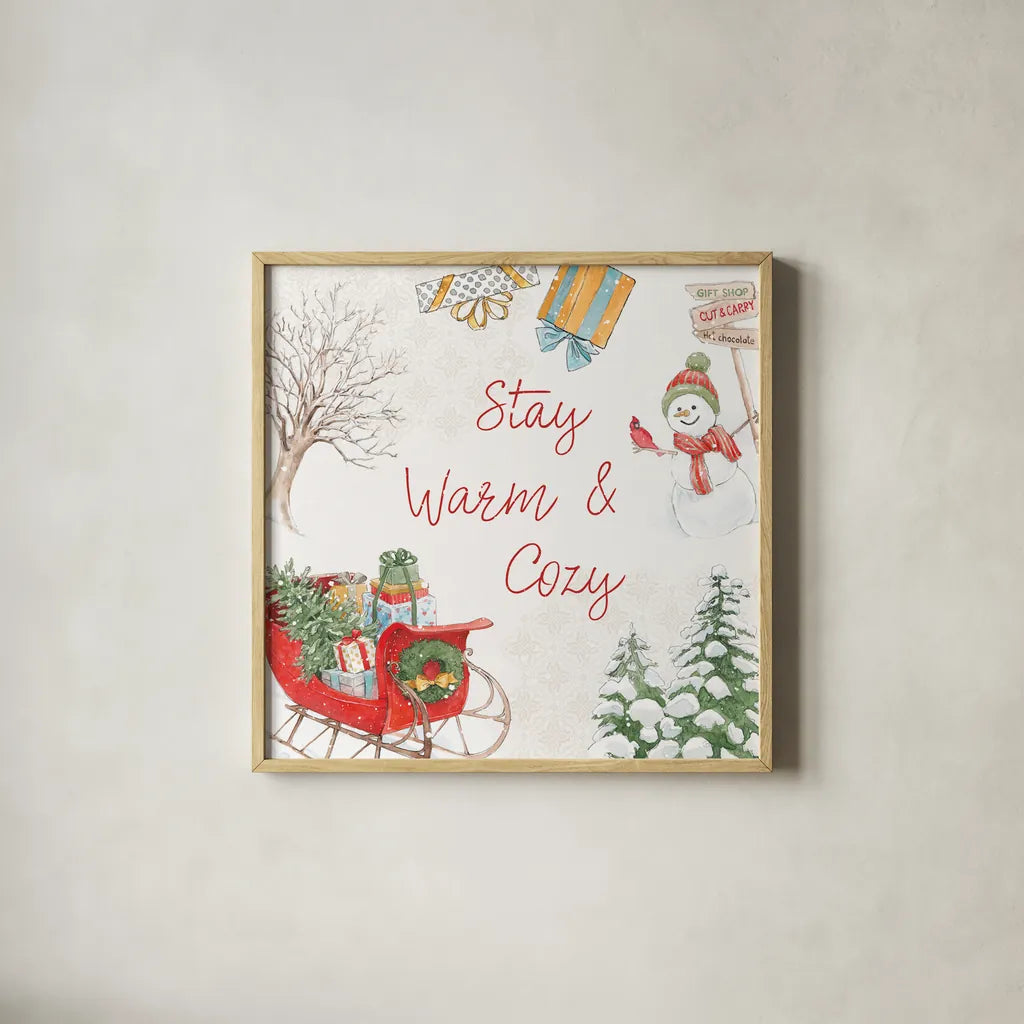 Home For The Holidays VI by Beth Grove. Shown in a natural wood glass frame for a timeless modern aesthetic. Available as an archival giclee rolled canvas, fine art paper, or poster print. SKU 81710a.