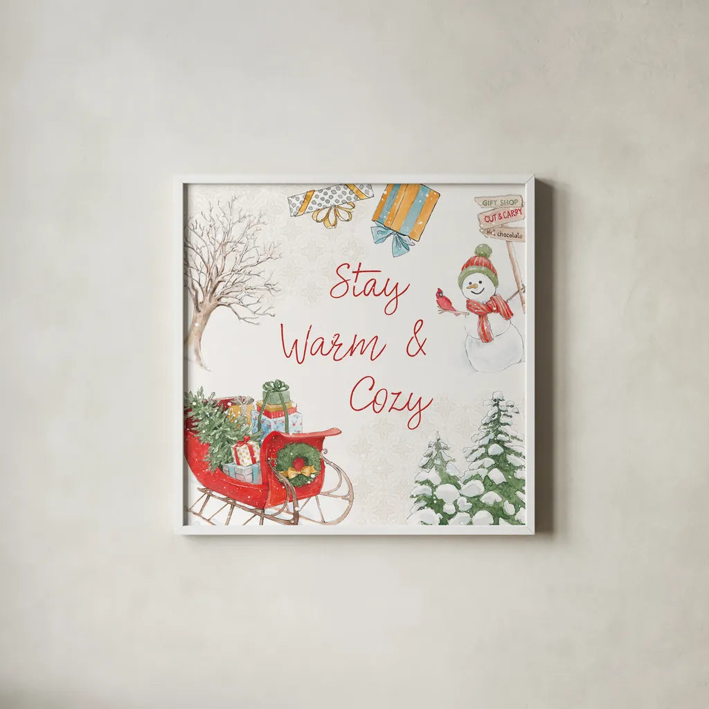 Home For The Holidays VI by Beth Grove. Shown in a crisp white glass frame for a clean and minimalist style. Available as an archival giclee rolled canvas, fine art paper, or poster print. SKU 81710a.