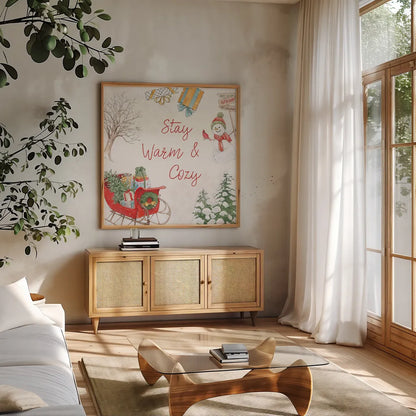 Home For The Holidays VI by Beth Grove. Shown in a natural wood frame in a cozy modern living room. Available as an archival giclee rolled canvas, fine art paper, or poster print. SKU 81710a.