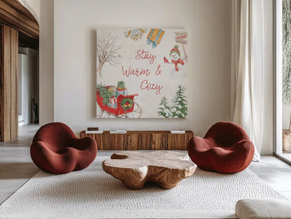 Home For The Holidays VI by Beth Grove. Shown as extra-large giant wall art in a modern living room. Available as an archival giclee rolled canvas, fine art paper, or poster print. SKU 81710a.