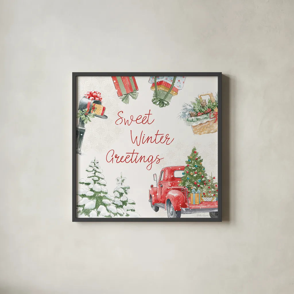 Home For The Holidays VII by Beth Grove. Shown in a sleek black glass frame for a contemporary gallery look. Available as an archival giclee rolled canvas, fine art paper, or poster print. SKU 81711a.