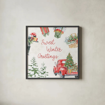 Home For The Holidays VII by Beth Grove. Shown in a sleek black glass frame for a contemporary gallery look. Available as an archival giclee rolled canvas, fine art paper, or poster print. SKU 81711a.