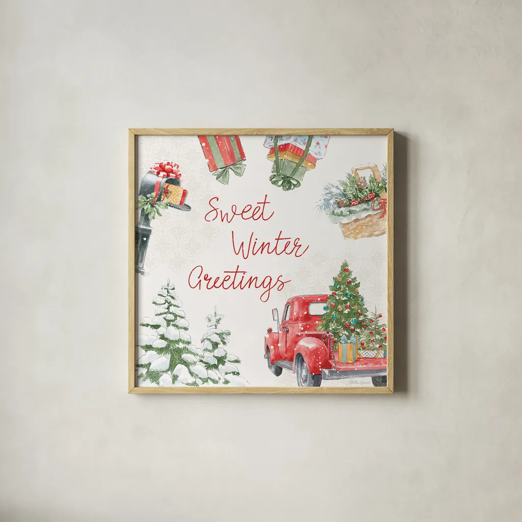 Home For The Holidays VII by Beth Grove. Shown in a natural wood glass frame for a timeless modern aesthetic. Available as an archival giclee rolled canvas, fine art paper, or poster print. SKU 81711a.