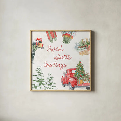 Home For The Holidays VII by Beth Grove. Shown in a natural wood glass frame for a timeless modern aesthetic. Available as an archival giclee rolled canvas, fine art paper, or poster print. SKU 81711a.