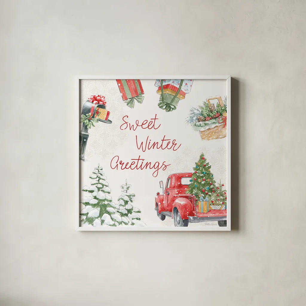 Home For The Holidays VII by Beth Grove. Shown in a crisp white glass frame for a clean and minimalist style. Available as an archival giclee rolled canvas, fine art paper, or poster print. SKU 81711a.