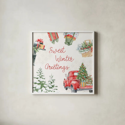 Home For The Holidays VII by Beth Grove. Shown in a crisp white glass frame for a clean and minimalist style. Available as an archival giclee rolled canvas, fine art paper, or poster print. SKU 81711a.