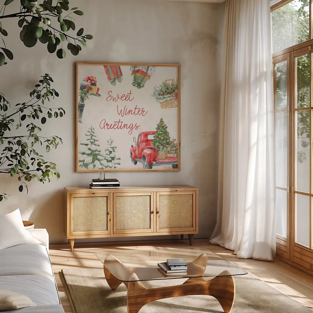 Home For The Holidays VII by Beth Grove. Shown in a natural wood frame in a cozy modern living room. Available as an archival giclee rolled canvas, fine art paper, or poster print. SKU 81711a.