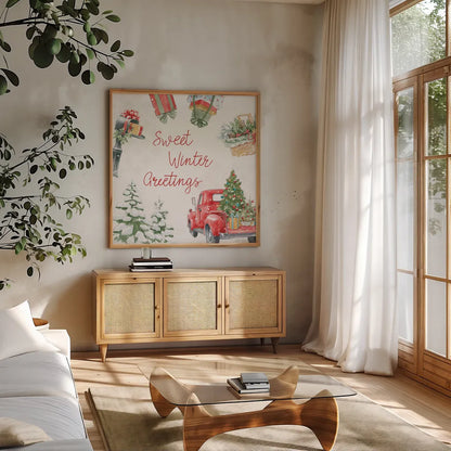 Home For The Holidays VII by Beth Grove. Shown in a natural wood frame in a cozy modern living room. Available as an archival giclee rolled canvas, fine art paper, or poster print. SKU 81711a.