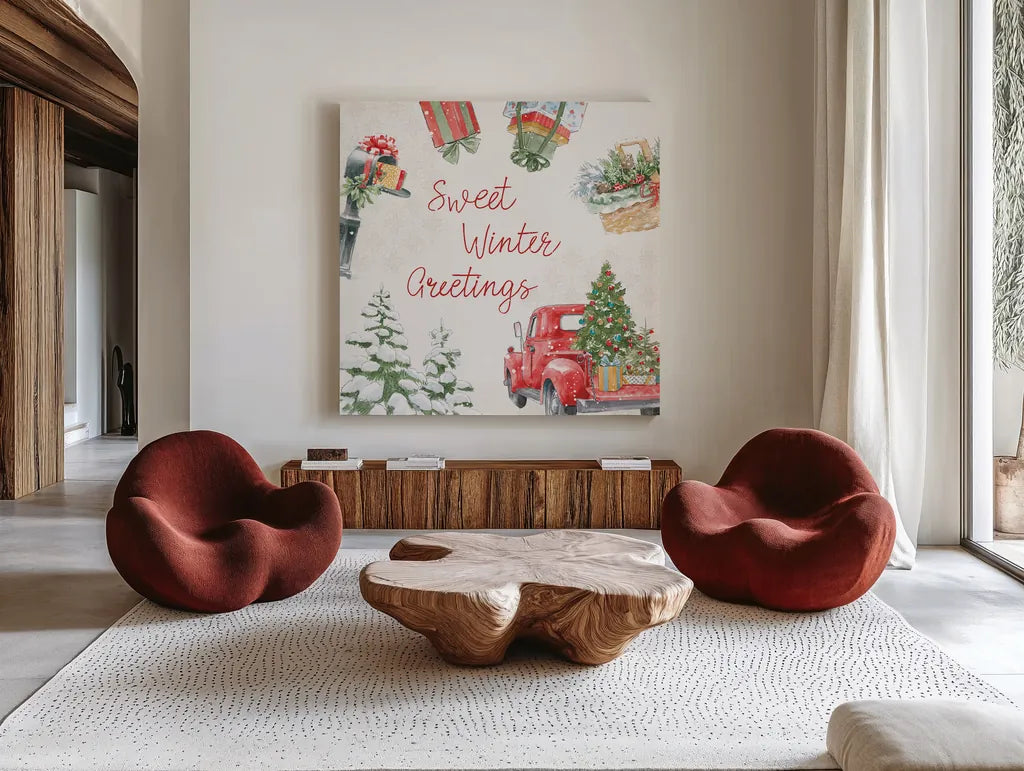 Home For The Holidays VII by Beth Grove. Shown as extra-large giant wall art in a modern living room. Available as an archival giclee rolled canvas, fine art paper, or poster print. SKU 81711a.