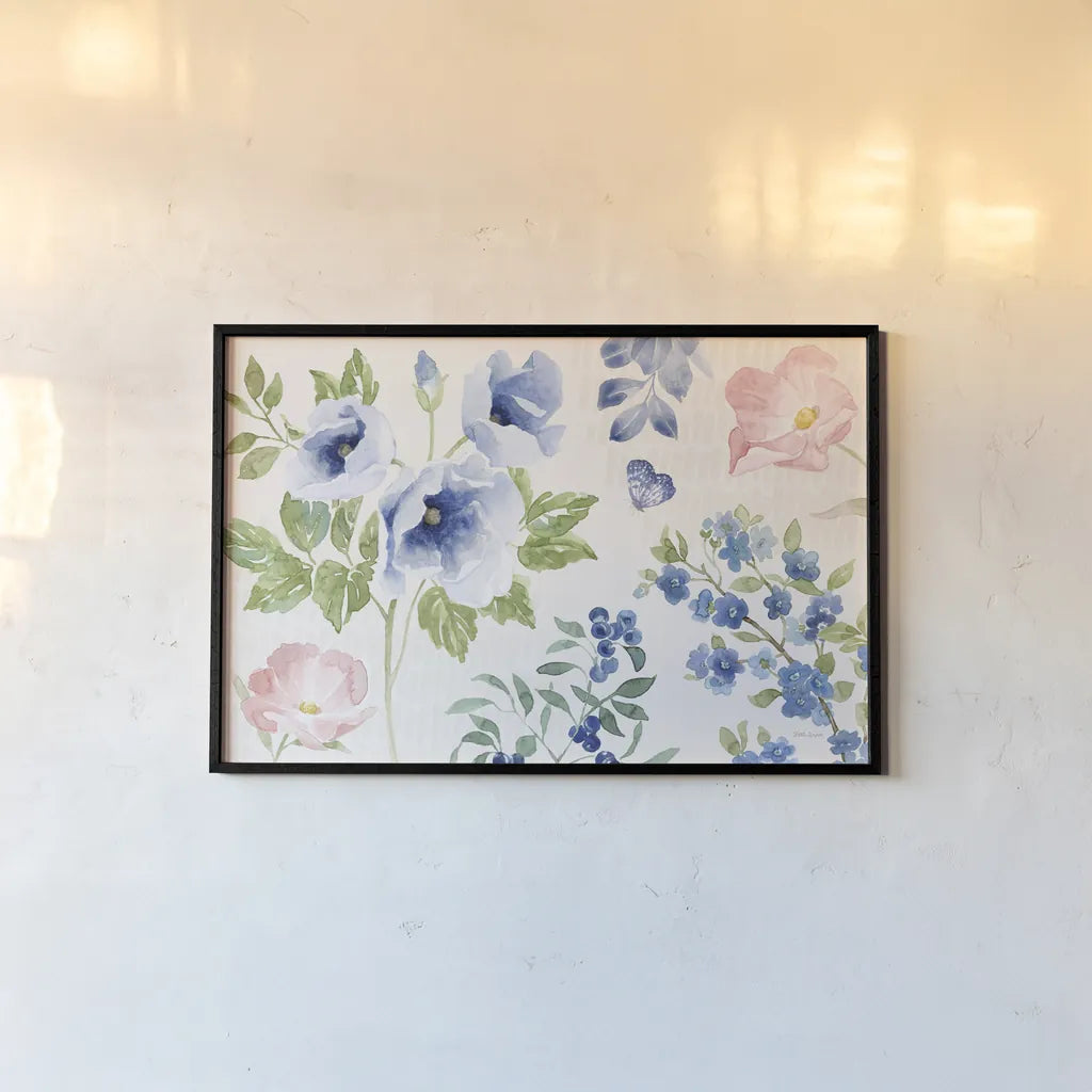 Indigo Petals I by Beth Grove. shown as a paper print in a black flame. Available as a archival giclee rolled canvas, fine art paper, or poster print. SKU 78053i.