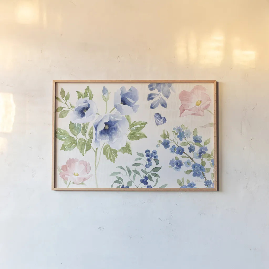 Indigo Petals I by Beth Grove. shown as a paper print in a natural frame. Available as a archival giclee rolled canvas, fine art paper, or poster print. SKU 78053i.