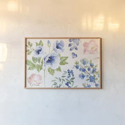 Indigo Petals I by Beth Grove. shown as a paper print in a natural frame. Available as a archival giclee rolled canvas, fine art paper, or poster print. SKU 78053i.