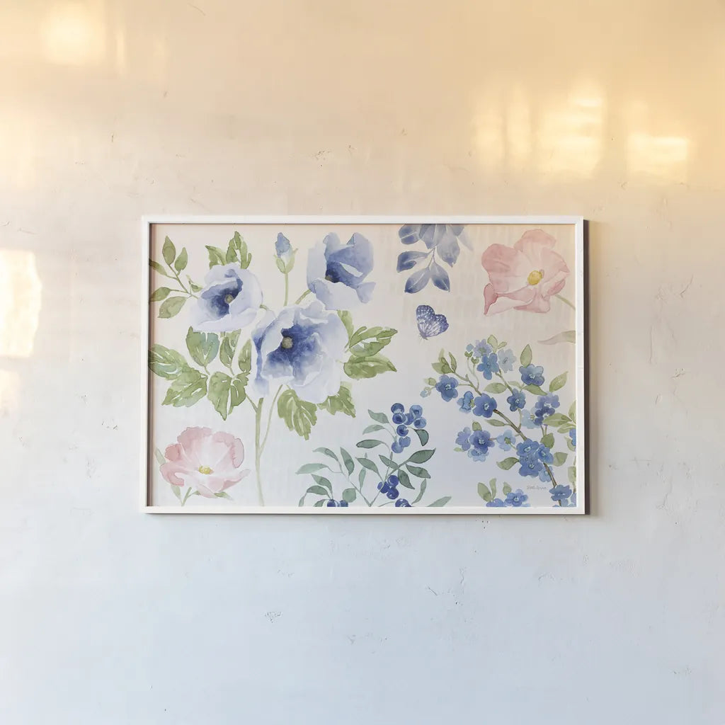 Indigo Petals I by Beth Grove. shown as a paper print in a white frame. Available as a archival giclee rolled canvas, fine art paper, or poster print. SKU 78053i.