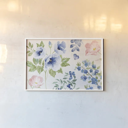 Indigo Petals I by Beth Grove. shown as a paper print in a white frame. Available as a archival giclee rolled canvas, fine art paper, or poster print. SKU 78053i.