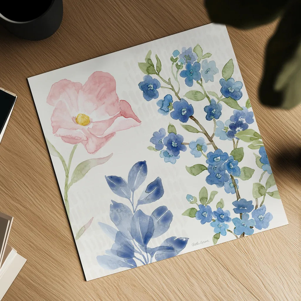 Indigo Petals II by Beth Grove. Shown as a detailed flat fine art print, highlighting archival giclee quality. Available as an archival giclee rolled canvas, fine art paper, or poster print. SKU 78054a.
