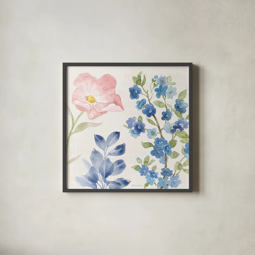 Indigo Petals II by Beth Grove. Shown in a sleek black glass frame for a contemporary gallery look. Available as an archival giclee rolled canvas, fine art paper, or poster print. SKU 78054a.