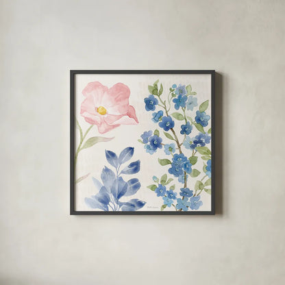 Indigo Petals II by Beth Grove. Shown in a sleek black glass frame for a contemporary gallery look. Available as an archival giclee rolled canvas, fine art paper, or poster print. SKU 78054a.
