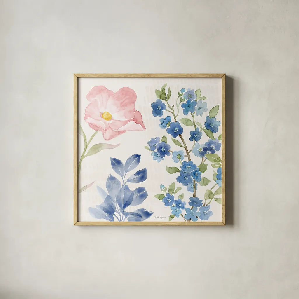 Indigo Petals II by Beth Grove. Shown in a natural wood glass frame for a timeless modern aesthetic. Available as an archival giclee rolled canvas, fine art paper, or poster print. SKU 78054a.