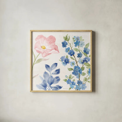 Indigo Petals II by Beth Grove. Shown in a natural wood glass frame for a timeless modern aesthetic. Available as an archival giclee rolled canvas, fine art paper, or poster print. SKU 78054a.