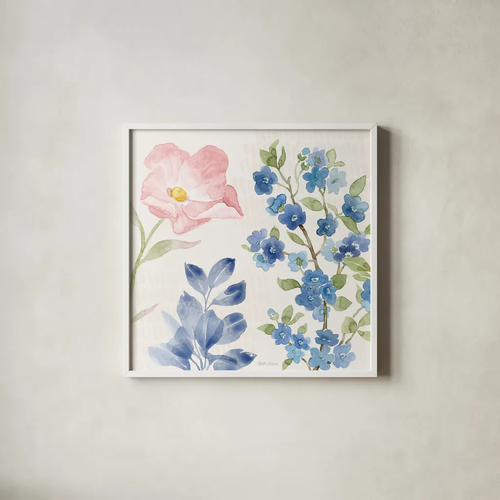 Indigo Petals II by Beth Grove. Shown in a crisp white glass frame for a clean and minimalist style. Available as an archival giclee rolled canvas, fine art paper, or poster print. SKU 78054a.