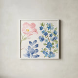 Indigo Petals II by Beth Grove. Shown in a crisp white glass frame for a clean and minimalist style. Available as an archival giclee rolled canvas, fine art paper, or poster print. SKU 78054a.