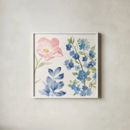 Indigo Petals II by Beth Grove. Shown in a crisp white glass frame for a clean and minimalist style. Available as an archival giclee rolled canvas, fine art paper, or poster print. SKU 78054a.