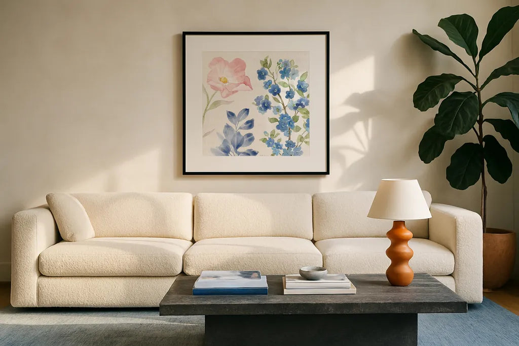 Indigo Petals II by Beth Grove. Displayed in a glass frame with matte in a clean modern living room. Available as an archival giclee rolled canvas, fine art paper, or poster print. SKU 78054a.