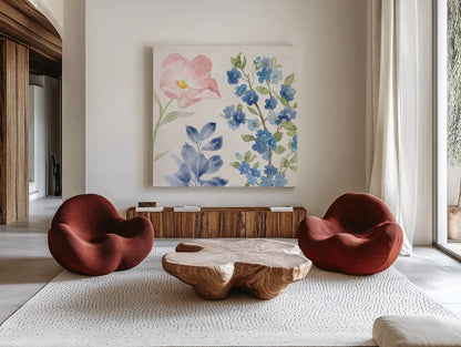 Indigo Petals II by Beth Grove. Shown as extra-large giant wall art in a modern living room. Available as an archival giclee rolled canvas, fine art paper, or poster print. SKU 78054a.