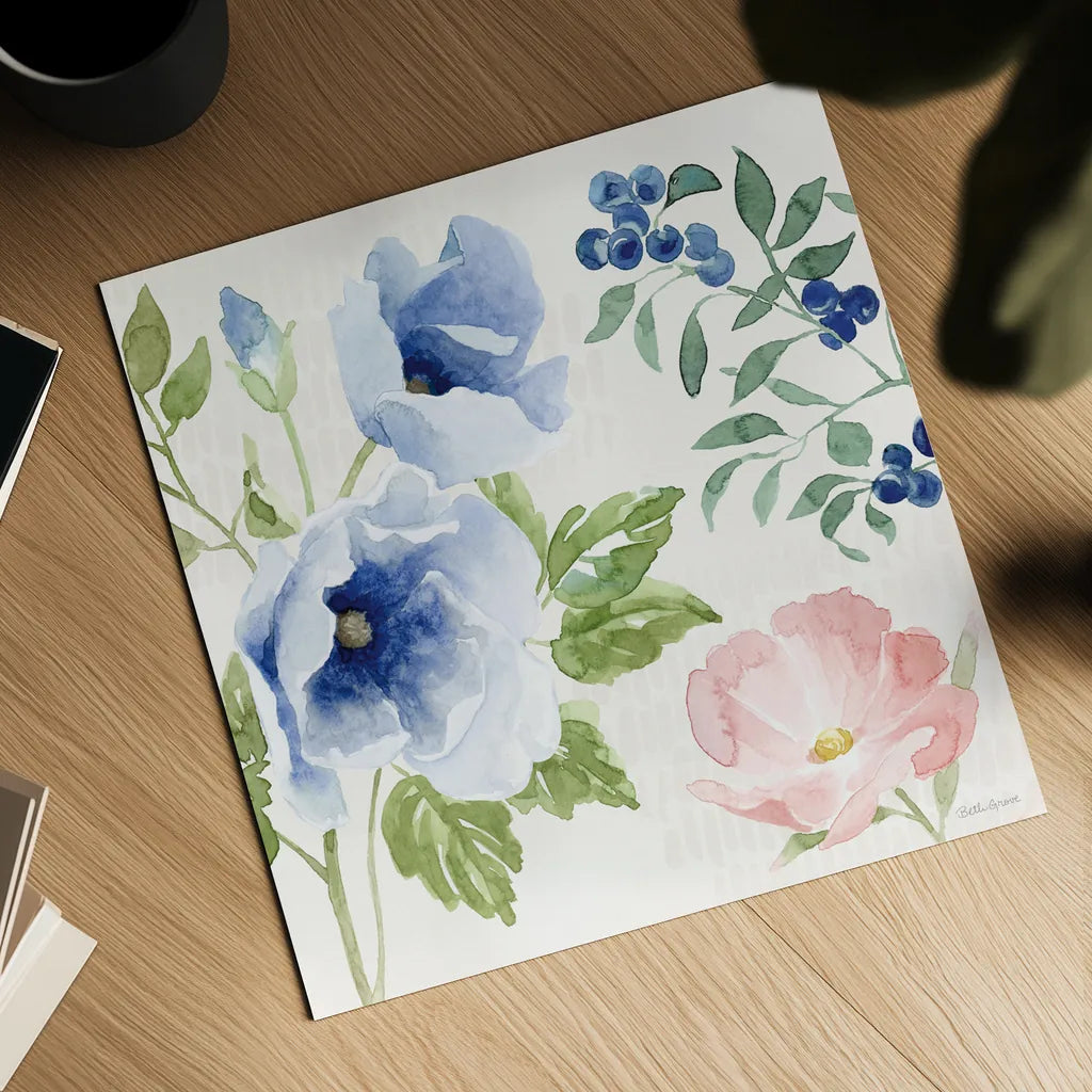 Indigo Petals III by Beth Grove. Shown as a detailed flat fine art print, highlighting archival giclee quality. Available as an archival giclee rolled canvas, fine art paper, or poster print. SKU 78055a.