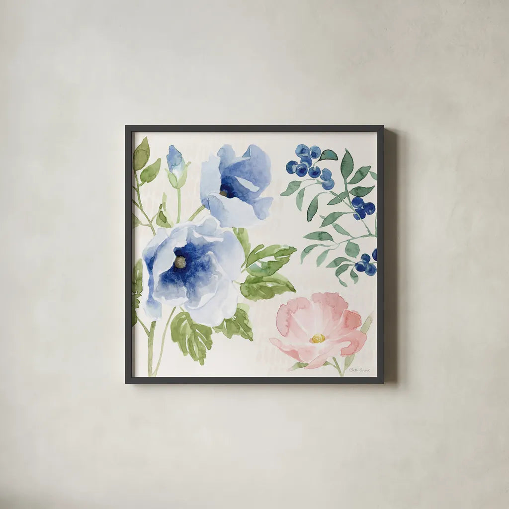 Indigo Petals III by Beth Grove. Shown in a sleek black glass frame for a contemporary gallery look. Available as an archival giclee rolled canvas, fine art paper, or poster print. SKU 78055a.