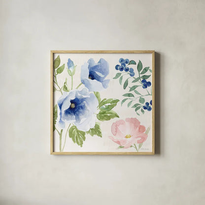 Indigo Petals III by Beth Grove. Shown in a natural wood glass frame for a timeless modern aesthetic. Available as an archival giclee rolled canvas, fine art paper, or poster print. SKU 78055a.