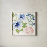 Indigo Petals III by Beth Grove. Shown in a crisp white glass frame for a clean and minimalist style. Available as an archival giclee rolled canvas, fine art paper, or poster print. SKU 78055a.
