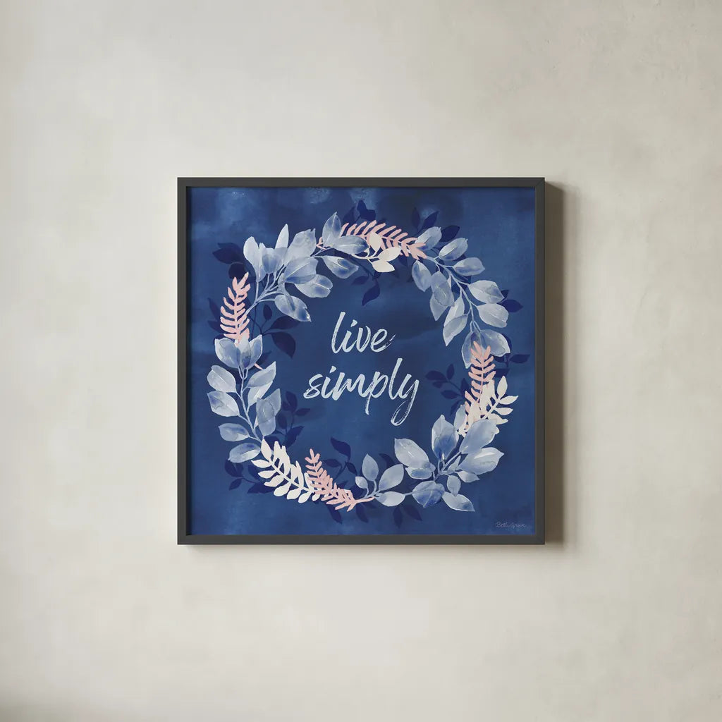 Indigo Petals IV by Beth Grove. Shown in a sleek black glass frame for a contemporary gallery look. Available as an archival giclee rolled canvas, fine art paper, or poster print. SKU 78056a.