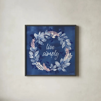 Indigo Petals IV by Beth Grove. Shown in a sleek black glass frame for a contemporary gallery look. Available as an archival giclee rolled canvas, fine art paper, or poster print. SKU 78056a.