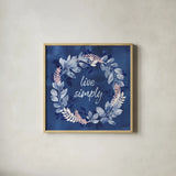 Indigo Petals IV by Beth Grove. Shown in a natural wood glass frame for a timeless modern aesthetic. Available as an archival giclee rolled canvas, fine art paper, or poster print. SKU 78056a.