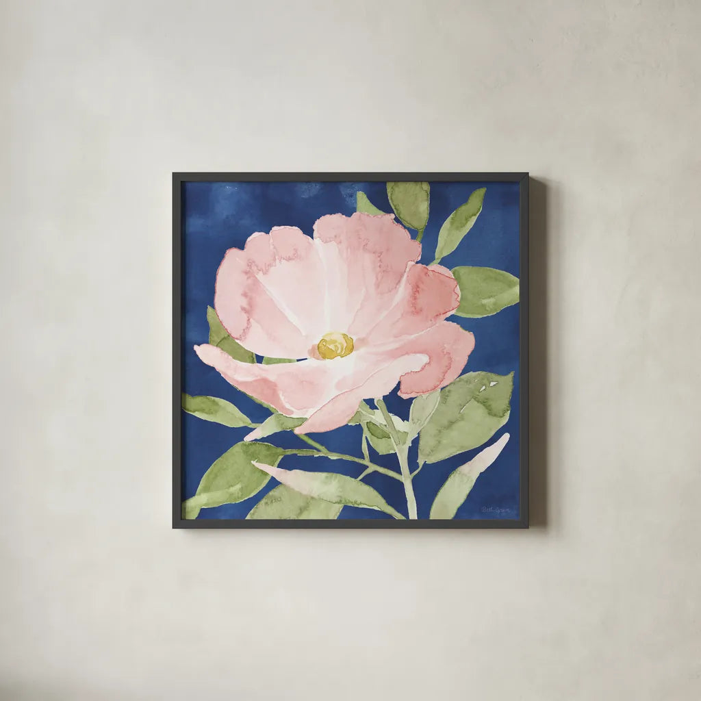 Indigo Petals IX by Beth Grove. Shown in a sleek black glass frame for a contemporary gallery look. Available as an archival giclee rolled canvas, fine art paper, or poster print. SKU 78061a.