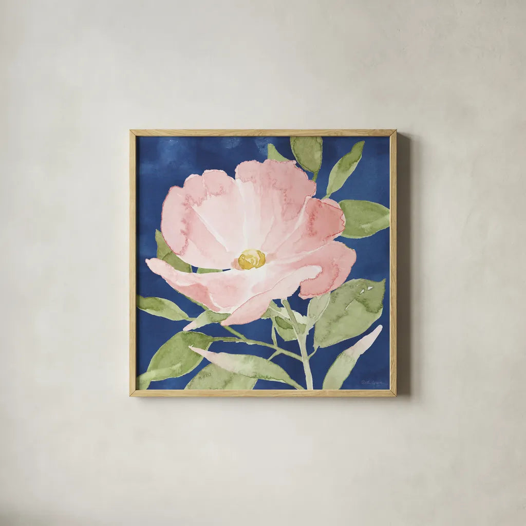 Indigo Petals IX by Beth Grove. Shown in a natural wood glass frame for a timeless modern aesthetic. Available as an archival giclee rolled canvas, fine art paper, or poster print. SKU 78061a.