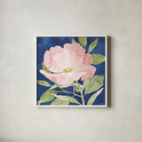 Indigo Petals IX by Beth Grove. Shown in a crisp white glass frame for a clean and minimalist style. Available as an archival giclee rolled canvas, fine art paper, or poster print. SKU 78061a.
