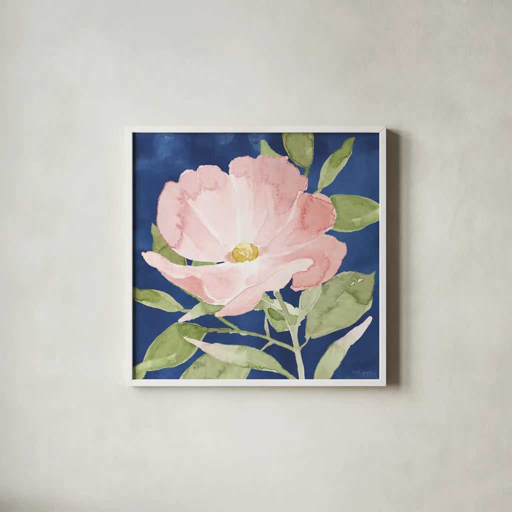 Indigo Petals IX by Beth Grove. Shown in a crisp white glass frame for a clean and minimalist style. Available as an archival giclee rolled canvas, fine art paper, or poster print. SKU 78061a.