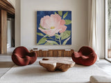 Indigo Petals IX by Beth Grove. Shown as extra-large giant wall art in a modern living room. Available as an archival giclee rolled canvas, fine art paper, or poster print. SKU 78061a.