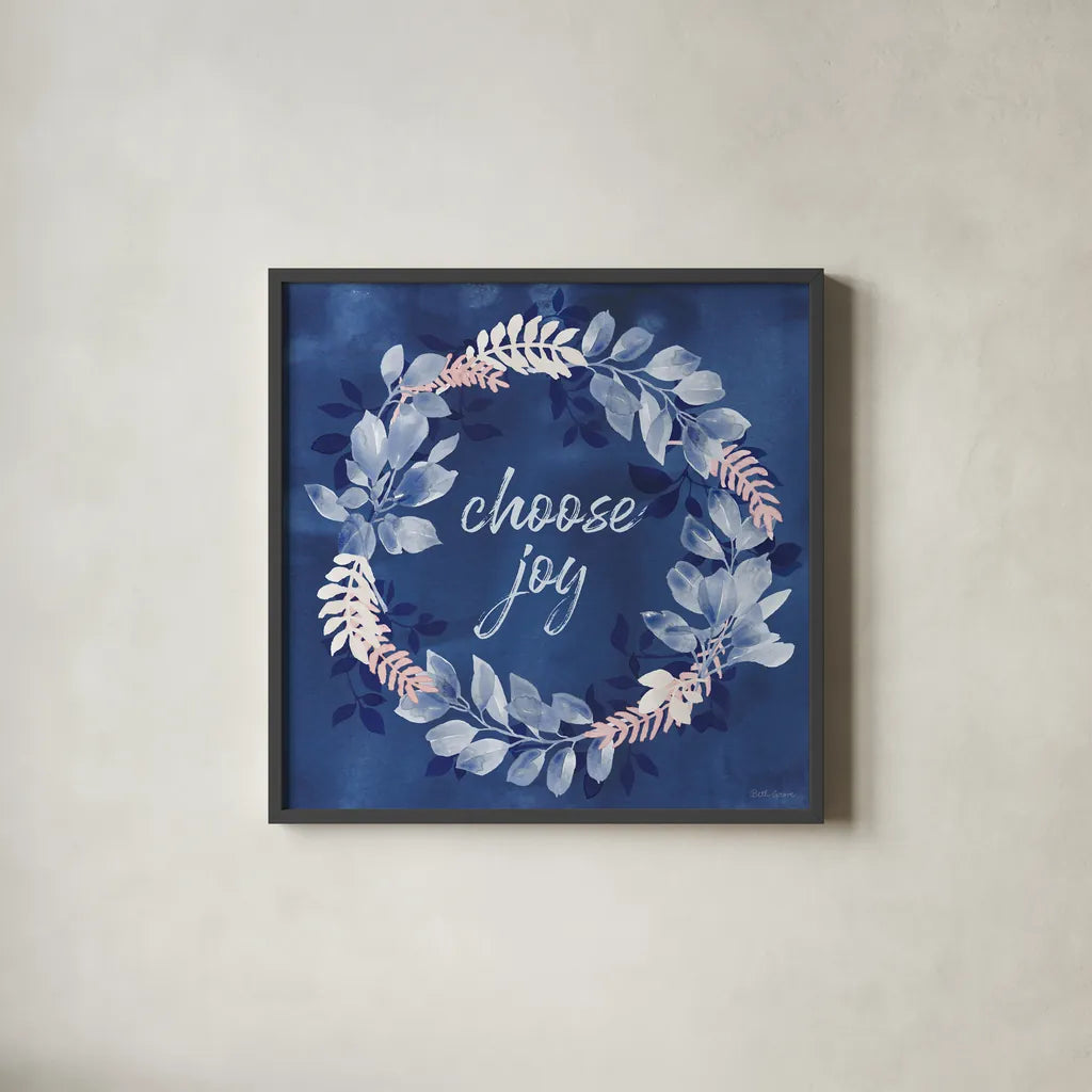 Indigo Petals V by Beth Grove. Shown in a sleek black glass frame for a contemporary gallery look. Available as an archival giclee rolled canvas, fine art paper, or poster print. SKU 78057a.