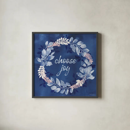 Indigo Petals V by Beth Grove. Shown in a sleek black glass frame for a contemporary gallery look. Available as an archival giclee rolled canvas, fine art paper, or poster print. SKU 78057a.