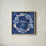 Indigo Petals V by Beth Grove. Shown in a natural wood glass frame for a timeless modern aesthetic. Available as an archival giclee rolled canvas, fine art paper, or poster print. SKU 78057a.