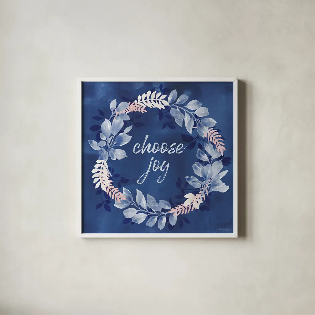 Indigo Petals V by Beth Grove. Shown in a crisp white glass frame for a clean and minimalist style. Available as an archival giclee rolled canvas, fine art paper, or poster print. SKU 78057a.