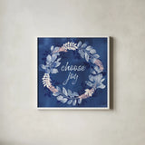 Indigo Petals V by Beth Grove. Shown in a crisp white glass frame for a clean and minimalist style. Available as an archival giclee rolled canvas, fine art paper, or poster print. SKU 78057a.