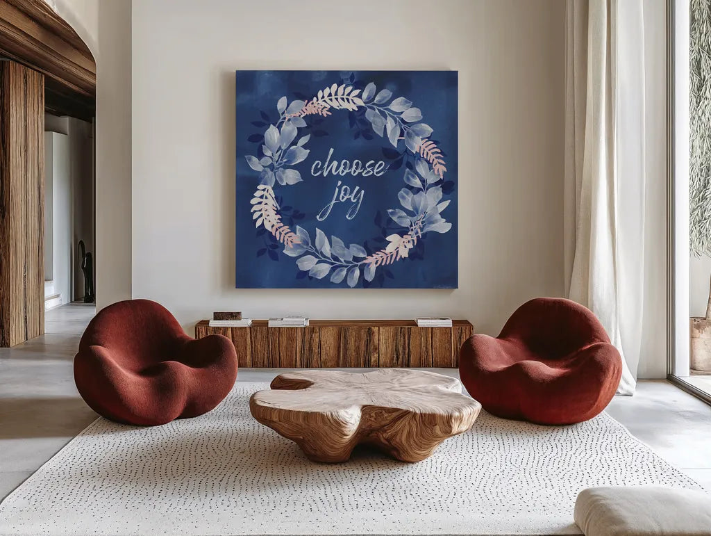 Indigo Petals V by Beth Grove. Shown as extra-large giant wall art in a modern living room. Available as an archival giclee rolled canvas, fine art paper, or poster print. SKU 78057a.