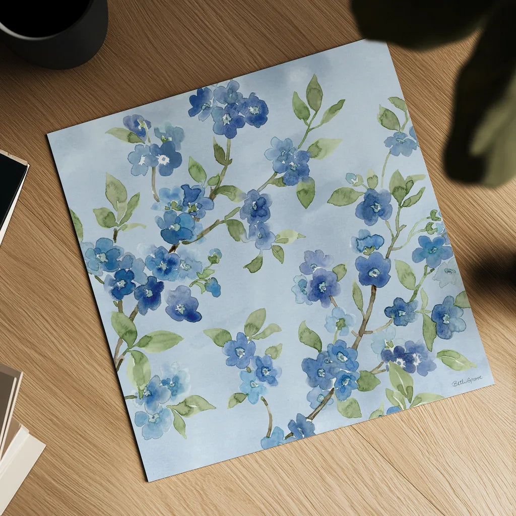 Indigo Petals VI by Beth Grove. Shown as a detailed flat fine art print, highlighting archival giclee quality. Available as an archival giclee rolled canvas, fine art paper, or poster print. SKU 78058a.