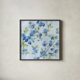 Indigo Petals VI by Beth Grove. Shown in a sleek black glass frame for a contemporary gallery look. Available as an archival giclee rolled canvas, fine art paper, or poster print. SKU 78058a.