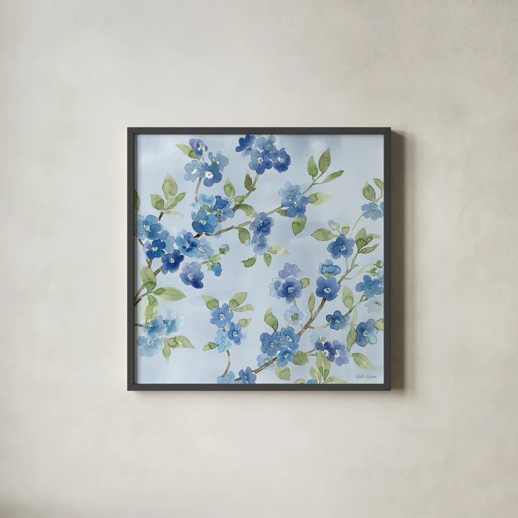 Indigo Petals VI by Beth Grove. Shown in a sleek black glass frame for a contemporary gallery look. Available as an archival giclee rolled canvas, fine art paper, or poster print. SKU 78058a.