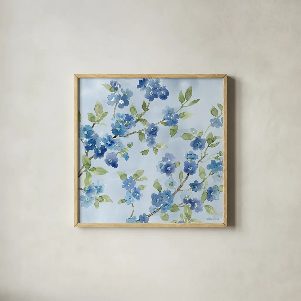 Indigo Petals VI by Beth Grove. Shown in a natural wood glass frame for a timeless modern aesthetic. Available as an archival giclee rolled canvas, fine art paper, or poster print. SKU 78058a.
